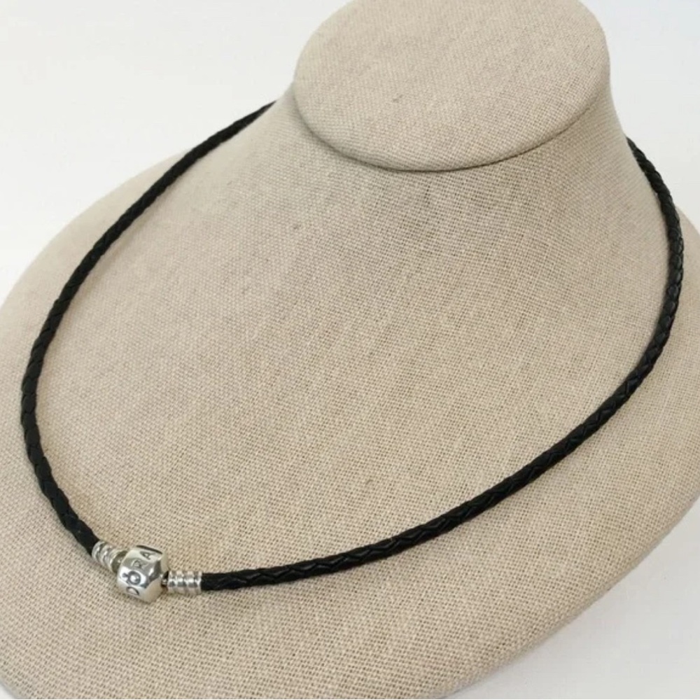 Pandora Moments Black Braided Leather Double Wrap Bracelet Necklace Charm Clasp